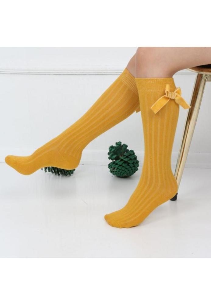 Șosete fetițe 3/4, bumbac, cu fundiță decorativă- galben muștar,Engros